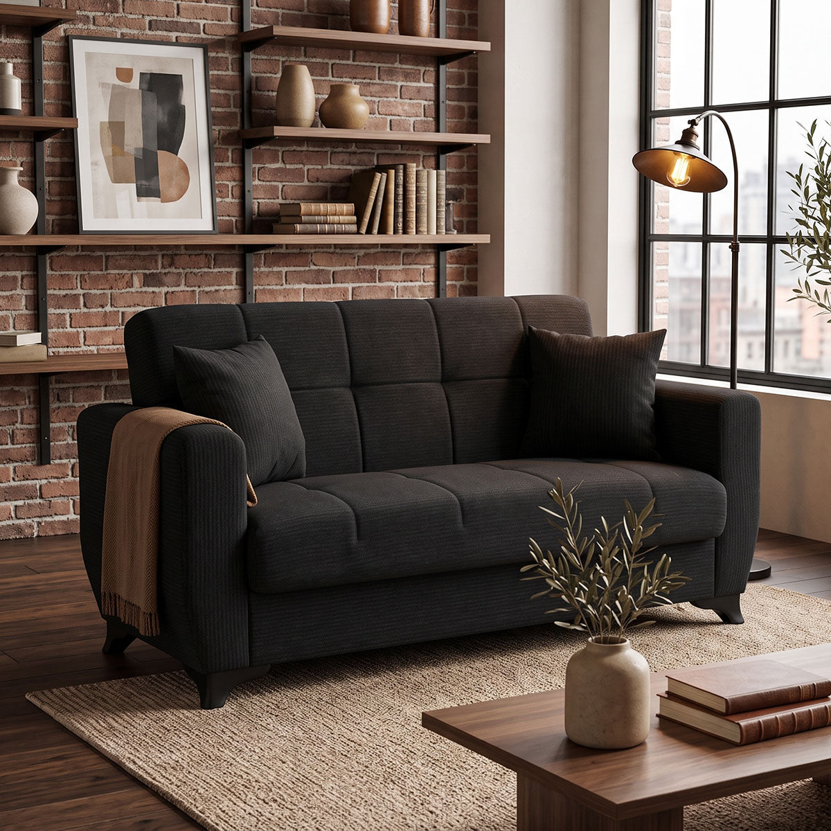 Καναπές Κρεβάτι Modesto pakoworld διθέσιος με αποθηκευτικό χώρο ανθρακί ύφασμα 155x84x83εκ
